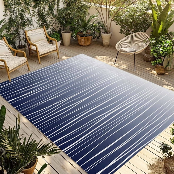 Blue White Outdoor Rug 6x9 Ft - Reversible Patio Rug Outdoor Camping Rugs, Ombre Gradient Striped Minimalist Texture Washable Indoor Outdoor Area Rugs, Non-Slip Outdoor Carpet Runner for Deck/Porch