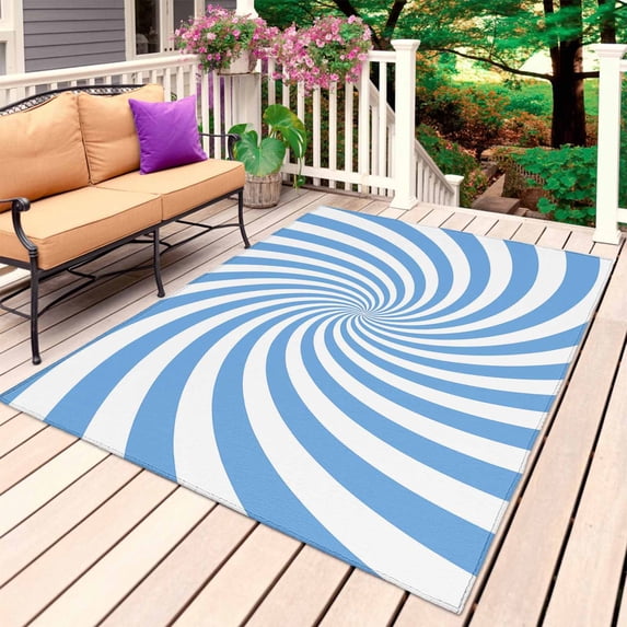 Blue White Outdoor Rug for Patio/Deck/Porch, Non-Slip Large Area Rug 5 x 7 Ft, Farmhouse Striped Spiral Vortex Abstract Indoor Outdoor Rugs Washable Area Rugs, Reversible Camping Rug Carpet Runner
