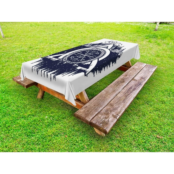 Blue and White Outdoor Tablecloth, Celtic Knot with Tridents Forest and Mountains Scandinavian Culture, Decorative Washable Fabric Picnic Table Cloth, 58 X 84 Inches,Dark Blue White, by Ambesonne