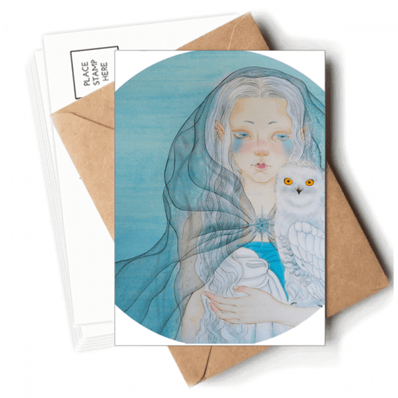 Blue White Owl Girl Chinese Style Watercolor Postcards Envelopes Blank Note Cards Mailing