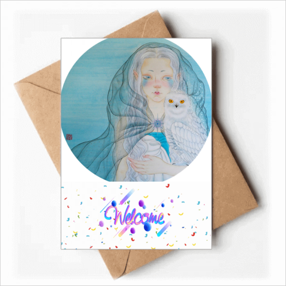 Blue White Owl Girl Chinese Style Watercolor Welcome Back Greeting Cards Envelopes Blank