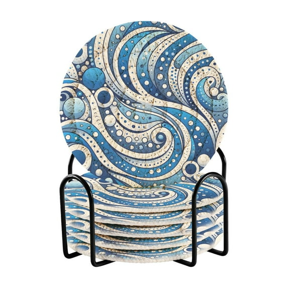 Blue White Partern 6 Pcs Drink Coasters with Holder Absorbent Coasters Woven Coasters for Drinks Table Desk Protection Home Decor