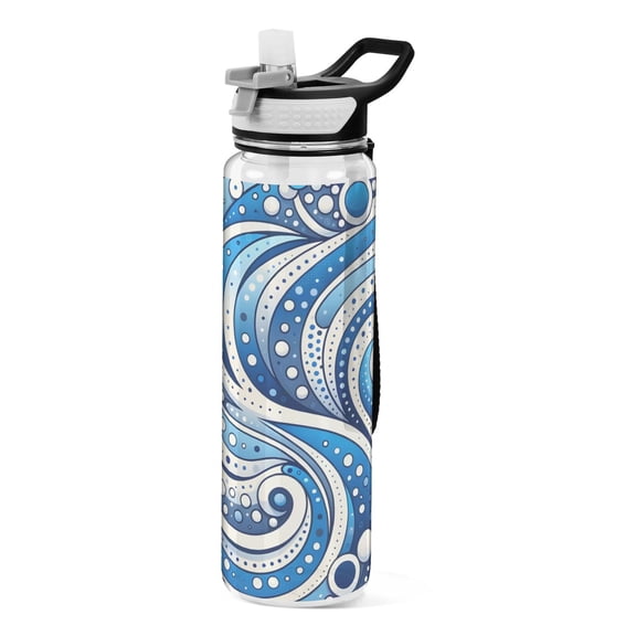 Blue White Partern Sports Water Bottle Portable Travel Mug 32oz BPA Free Leak Proof Straw Transparent Tritan for Gym Yoga Cycling Camping
