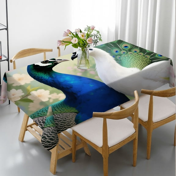Blue and White Peacock Feather Tablecloths for dining table, - 2D Flat Printing Rectangular Tablecloth, Cafe, dinner, brunch, buffet, picnic, party