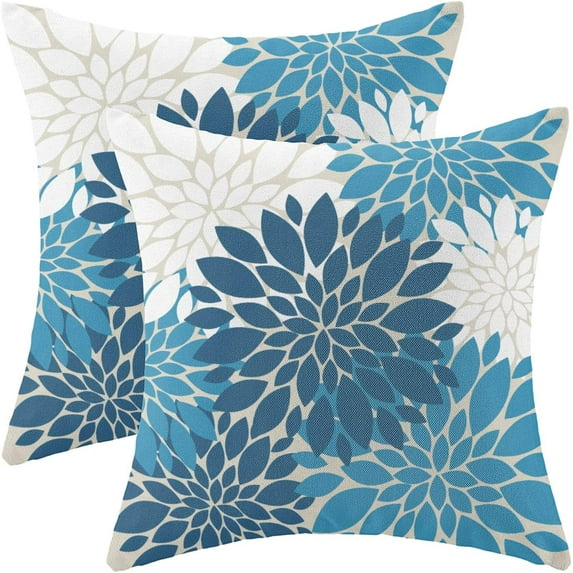 Blue White Pillow Covers 18x18 Set of 2, Spring Summer Dahlia Floral Decorative Outdoor Throw Pillows Linen White Geometric Flower Modern Style Cushion Pillow Covers for Sofa Couch Outdoor Decor