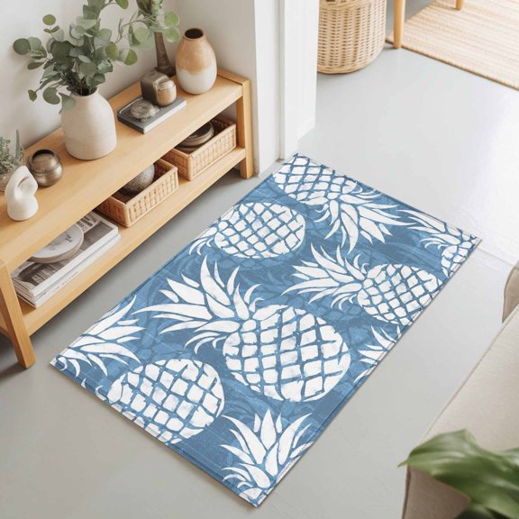 Blue White Pineapple Rectangle Area Rug 2x3ft,Living Room Rug Non-Slip Washable Circle Rugs Pad,Minimalist Fruit Pattern Soft Floor Carpet for Bedroom Dining Room