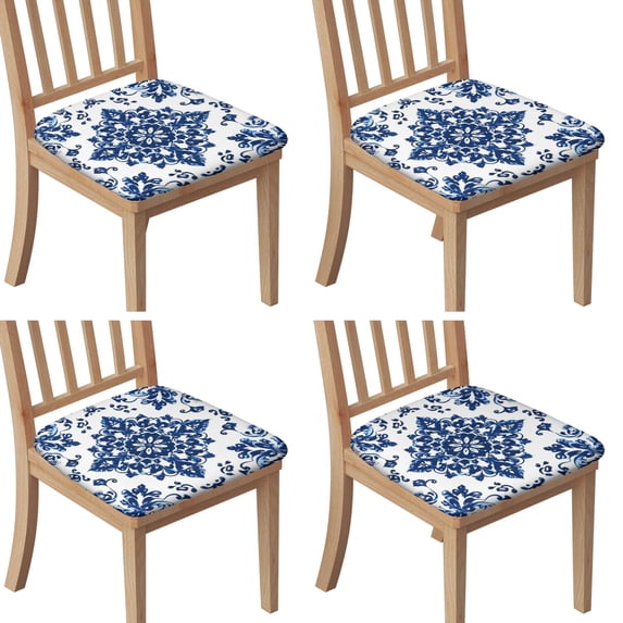Blue and White Pioneer Flower Seat Covers for Dining Room Chairs Set Of 4,Stretch Printed Washable Chair Seat Cover with Elastic Ties and Button,Removable Waterproof Couch Cushion Covers
