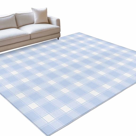 Blue White Plaid 6x9ft Non Slip Area Rug Farmhouse Rustic Country Checkerboard Pattern Washable Soft Area Rugs for Living Room, Indoor Circle Carpet for Bedroom Dining Room Kitchen