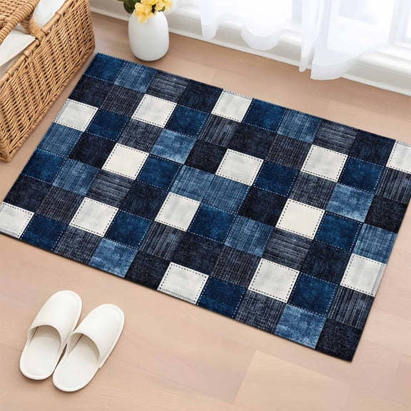 Blue White Plaid Bathroom Rug Washable 2x3 Entryway Rug Non Slip Modern Geometric Checkered Front Door Mat Low Pile Indoor Doormat Throw Floor Carpet for Kitchen Bedroom Entrance