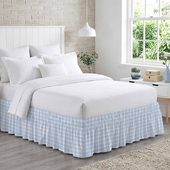 Blue White Plaid Bed Skirt Queen Size 16 Inch Drop, Farmhouse Rustic Country Checkerboard Pattern Adjustable Elastic Dust Ruffles Bedskirt for Queen Bed Wrap Around Pleated Mattress Frame Cover