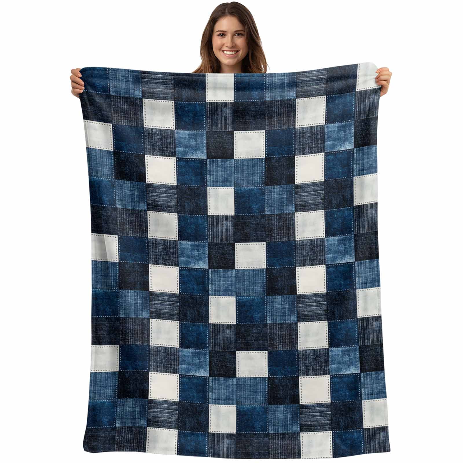 Blue White Plaid Blanket Soft Cozy Warm Throw Blanket for Couch, Plush ...