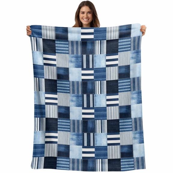 Blue White Plaid Blanket Soft Cozy Warm Throw Blanket for Couch, Plush Fuzzy Flannel Fleece Blankets for Sofa, Modern Geometric Striped Checkered Bed Blankets Lightweight Gifts for Women, 40"x50"