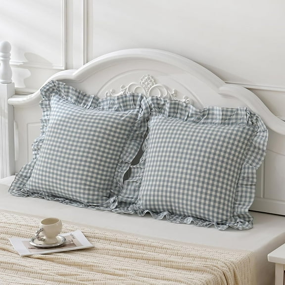 Blue White Plaid Euro Pillow Shams Ruffle Pillowcases Set of 2,Shabby Checkered Washed Cotton Pillow Covers-26 x26,Blue/White Plaid