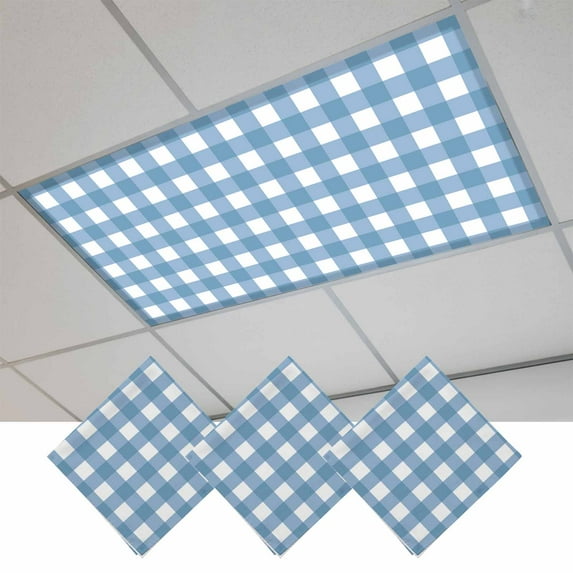 Blue White Plaid Fluorescent Light Covers, Gradient Geometric Buffalo Checkered Magnetic Light Covers for Ceiling Lights, Fluorescent Ceiling Shade Filters for Classroom Bedroom Office 4x2Ft x 3PCS