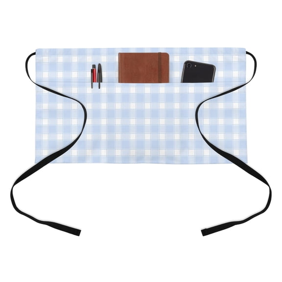 Blue White Plaid Half Waist Apron Farmhouse Rustic Country Checkerboard Pattern Short Waiter Aprons with 3 Pockets for Women Men Kitchen Restaurant Cooking