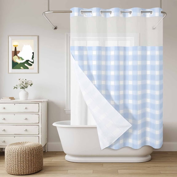 Blue White Plaid No Hook Shower Curtain with Snap in Liner, Farmhouse Rustic Country Checkerboard Pattern Waterproof Shower Curtains with See Through Top Window Liner for Bathroom, 48x72 Inches