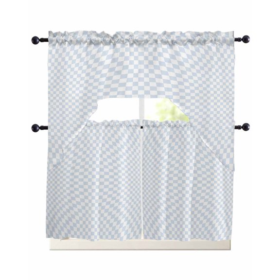 Blue White Plaid Kitchen Curtains Sets 36 Inch Length with Valance, Modern Minimalist Geometric Lattice Swag Valances and Tiers Curtain Set Drapes Swag Curtains for Living Room, Bathroom, Bedroom