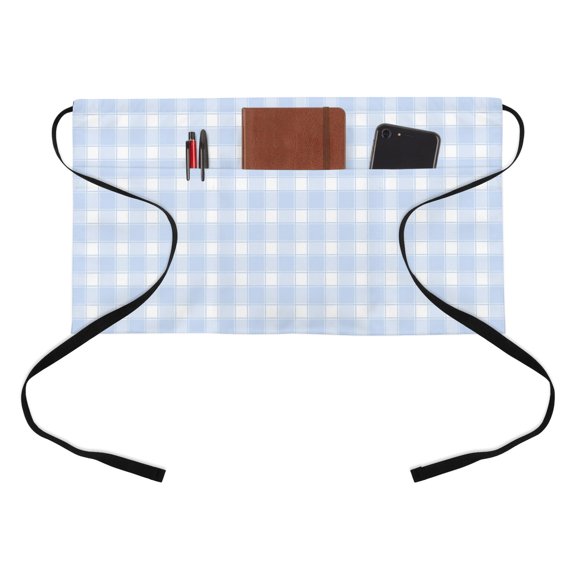 Blue White Plaid Kitchen Restaurant Half Waist Apron, Farmhouse Rustic Country Checkerboard Pattern Server Short Apron with 3 Pockets Waterproof Oil Waist Aprons for Women Waitress Waiter