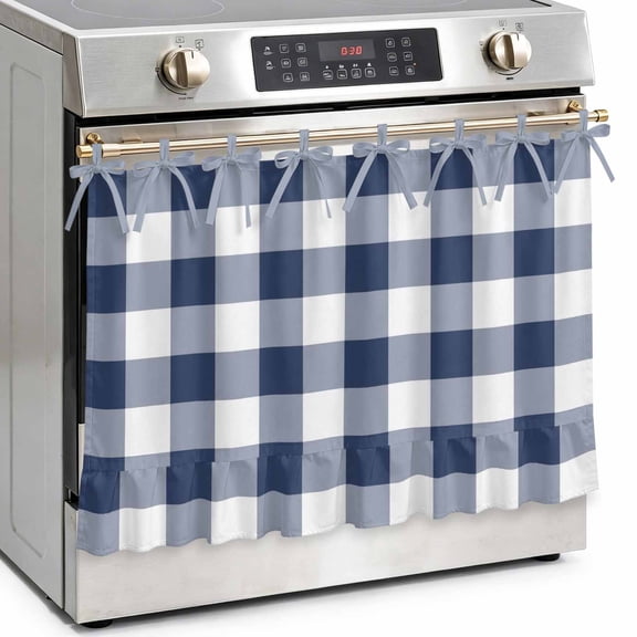 Blue White Plaid Oven Skirt Curtain with Tie‑Top, Classic Navy Blue Gingham Check Grid Rustic Ruffled Stove Skirt, Decorative Kitchen Curtain for Oven Door, Cabinet & Dishwasher, 27" x 20"