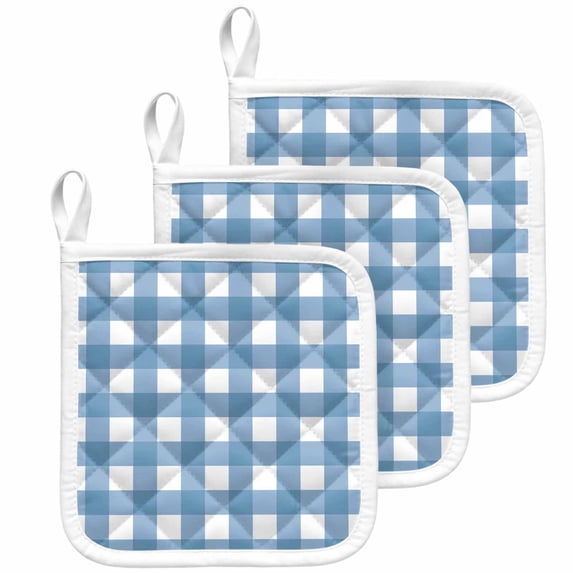 Blue White Plaid Pot Holders for Kitchen Heatproof Potholder, 3 Pack Gradient Geometric Buffalo Checkered Hot Pads Multipurpose Oven Pads Cloth Potholders Trivet for Cooking Baking