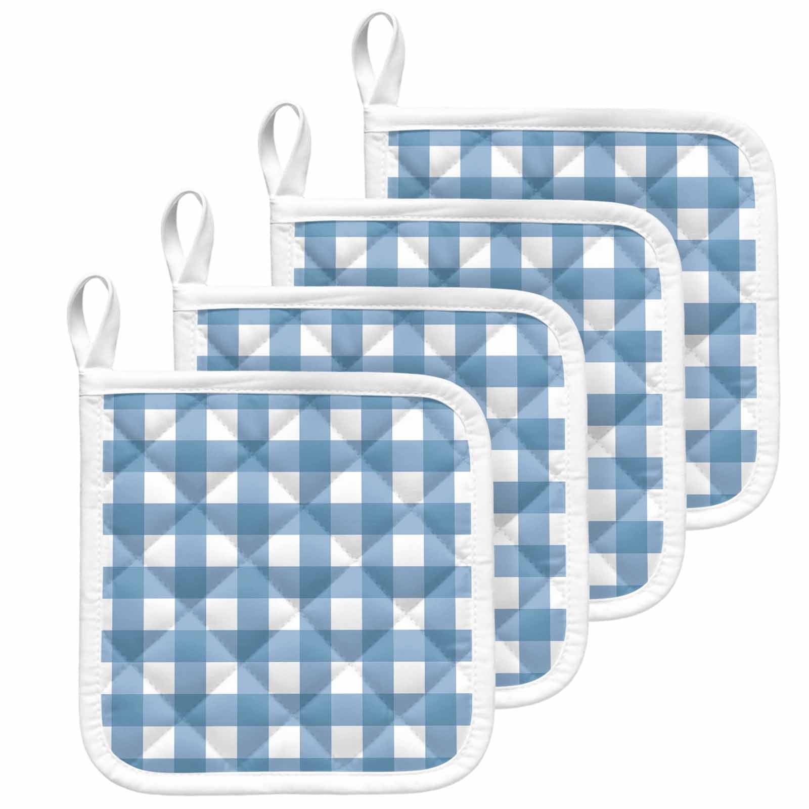 Blue White Plaid Pot Holders for Kitchen Heatproof Potholder, 4 Pack Gradient Geometric Buffalo Checkered Hot Pads Multipurpose Oven Pads Cloth Potholders Trivet for Cooking and Baking
