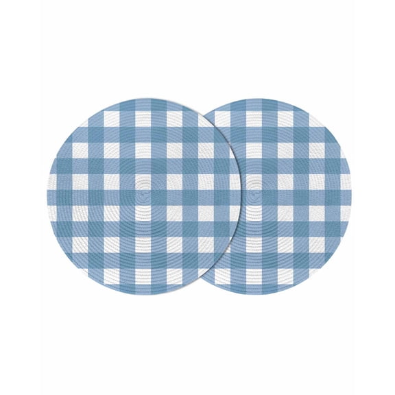 Blue White Plaid Round 13 Inch Placemats Set of 2, Gradient Geometric Buffalo Checkered HeatResistant Non Slip Place Mats for Dining Table, Wipeable Braided Kitchen Table Mats for Housewarming