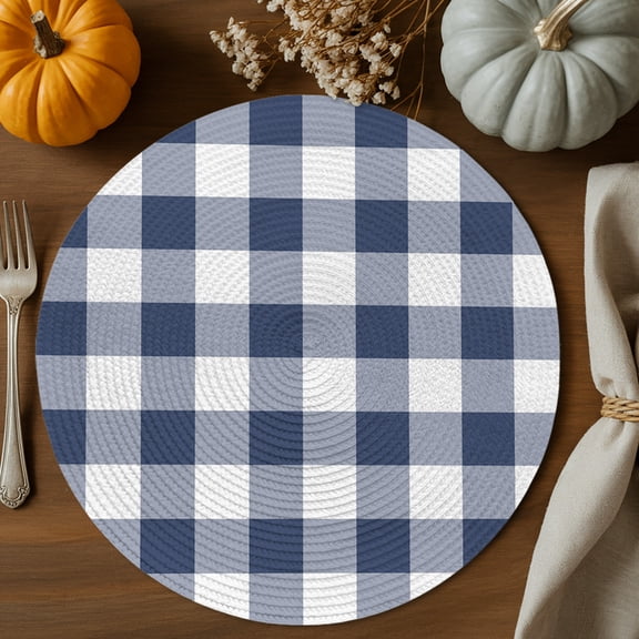 Blue White Plaid Round Braided Placemats Set of 2, Classic Navy Blue Gingham Check Grid Rustic Non-Slip Place Mats for Dining Table Woven Washable Table Mats 13 inch for Kitchen Decoration