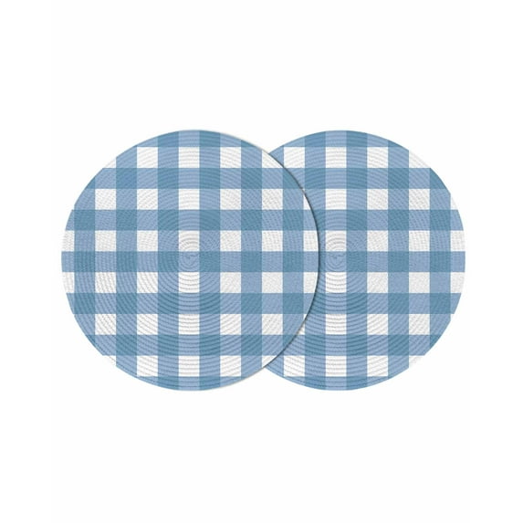 Blue White Plaid Round Placemats Set of 2 for Dinning Tables,Heat-proof Braided Table Mats 13 Inch,Gradient Geometric Buffalo Checkered Washable Place Mat for Kitchen Restaurant Party Table Decor