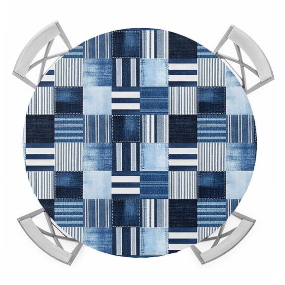 Blue White Plaid Round Tablecloth for 45-54 Inch Tables,Fitted Table Cover with Elastic Edge,Modern Geometric Striped Checkered Waterproof Outdoor Table Cloth Protector for Patio Garden Dinner Picnic