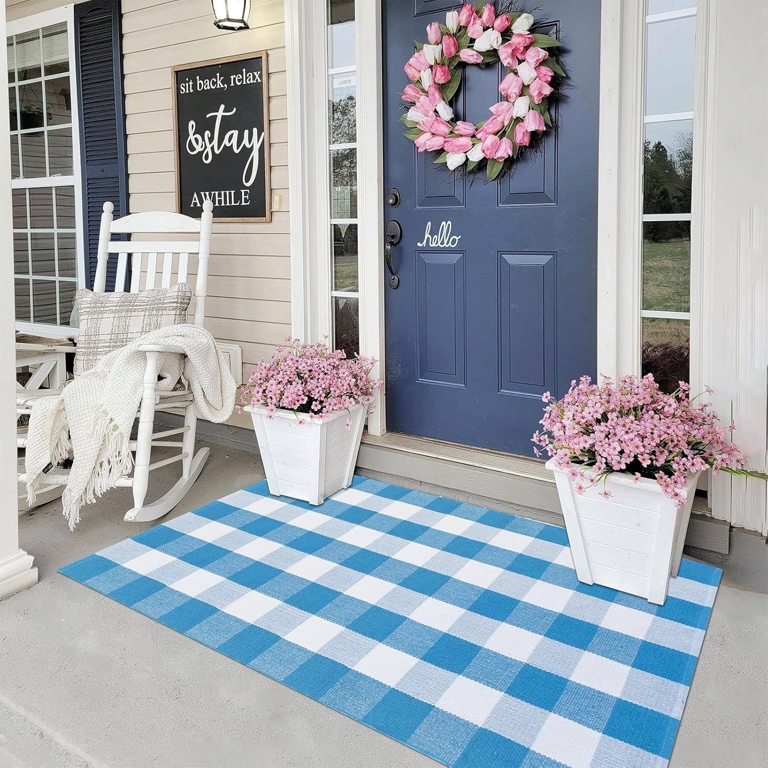 Blue and White Plaid Rug, 3' x 5' Spring Outdoor Front Porch Door Decor ...