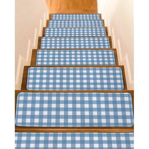 Blue White Plaid Stair Treads for Wooden Steps Indoor Runner Rug Carpet, Gradient Geometric Buffalo Checkered 4 Pieces Peel and Stick Staircase Step Treads Covers Washable Throw Door Mats, 30"x8"