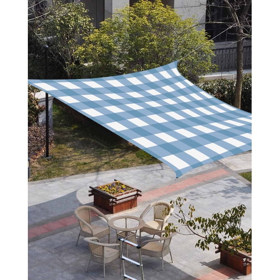 Blue White Plaid Sun Shade Sail 6.5'x10' Rectangle Outdoor Shade Canopy, Gradient Geometric Buffalo Checkered Porch Shades Outdoor Sun Blocking Screen, Sunshade Cloth Covers for Patio/Deck/Garden