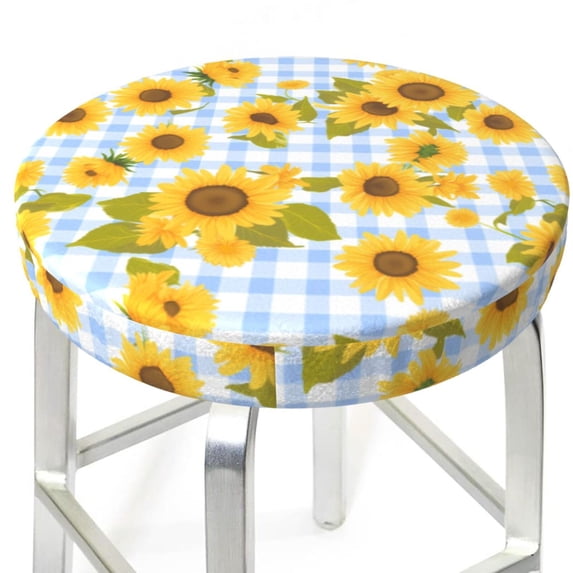 Blue White Plaid Sunflower Round Bar Stool Seat Covers, Elastic Round Chair Cover Stool Seat Slipcover Bar Stool Cushions Round Pad for 12-14 inch