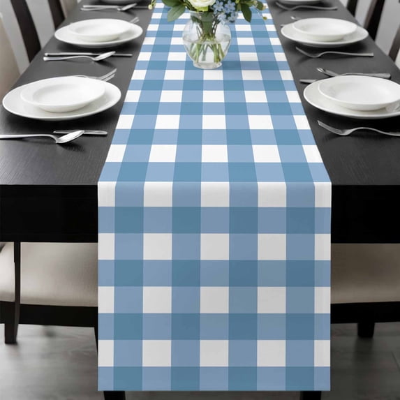 Blue White Plaid Table Runner 48 Inches Long, Gradient Geometric Buffalo Checkered Kitchen Coffee Dining Table Decoration for Home Party Birthday Wedding Home Decor 13x48 Inches