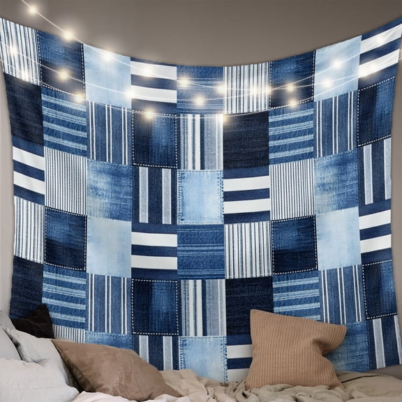 Blue White Plaid Tapestry for Bedroom Wall Hanging Tapestry, Modern Geometric Striped Checkered Ceiling Backdrop Tapestries Poster Blanket Wall Decor for Teens Room Living Room Dorm 39" x 59"
