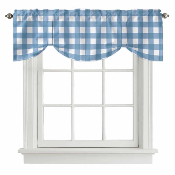 Blue White Plaid Tie Up Valance Curtains for Windows, Kitchen Curtains Window Shades, Gradient Geometric Buffalo Checkered Light Filtering Roman Curtain Valances for Bedroom/Bathroom/Cafe 54"x18"