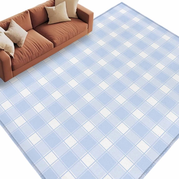 Blue White Plaid Washable Living Room Rugs 9'x12', Farmhouse Rustic Country Checkerboard Pattern Low Pile Throw Large Area Rug Non-Slip Sturdy Edge Binding Carpet for Bedroom Dining Room Office