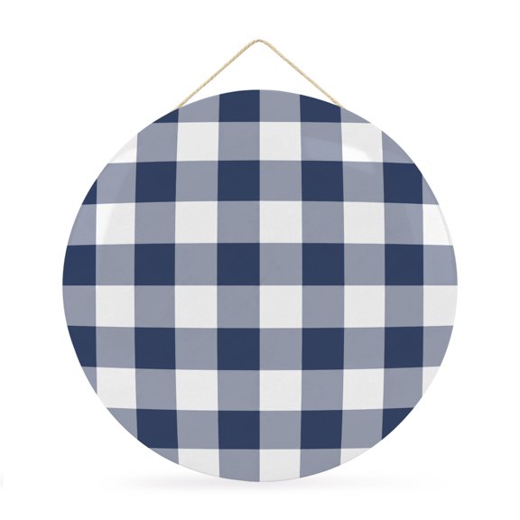Blue White Plaid Welcome Sign for Front Door 12 in Classic Navy Blue Gingham Check Grid Rustic Round Metal Sign Wall Hanging Sign for Indoor Outdoor Farm Home Porch Wall Decor Thanksgiving Gift