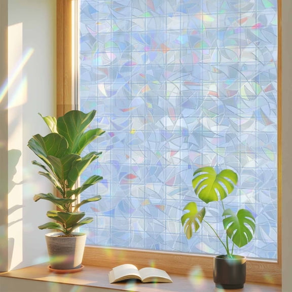 Blue White Plaid Window Privacy Film, Farmhouse Rustic Country Checkerboard Pattern Stained Glass Rainbow Film Decorative Window Clings, Static Cling Sun Blocking Stickers 17.7" x 39.3"