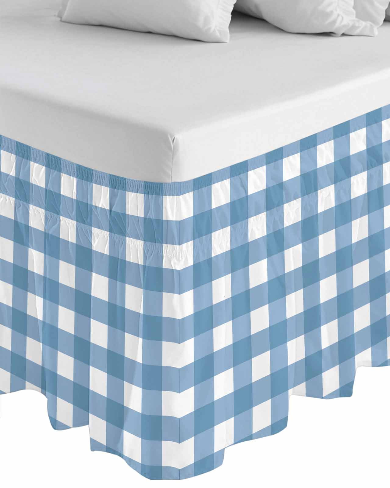 Blue White Plaid Wrap Around Bed Skirts for California King Bed 16" Drop,Bed Skirt with Adjustable Elastic Belt Dust Ruffle Bed Valance Gradient Geometric Buffalo Checkered Bed Frame Cover