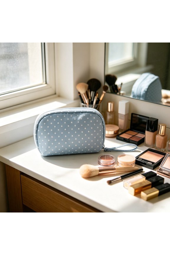 Blue White Polka Waterproof Stationery Pouch, Portable Multi-Functional Pencil Pouch with Sturdy Handle, Cute Pencil Case for Travel Makeup and Daily Use