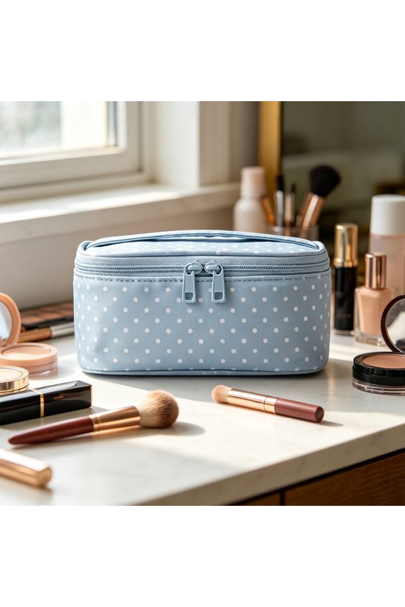Blue White Polka Waterproof Stationery Pouch, Portable Multi-Functional Pencil Pouch with Sturdy Handle, Cute Pencil Case for Travel Makeup and Daily Use