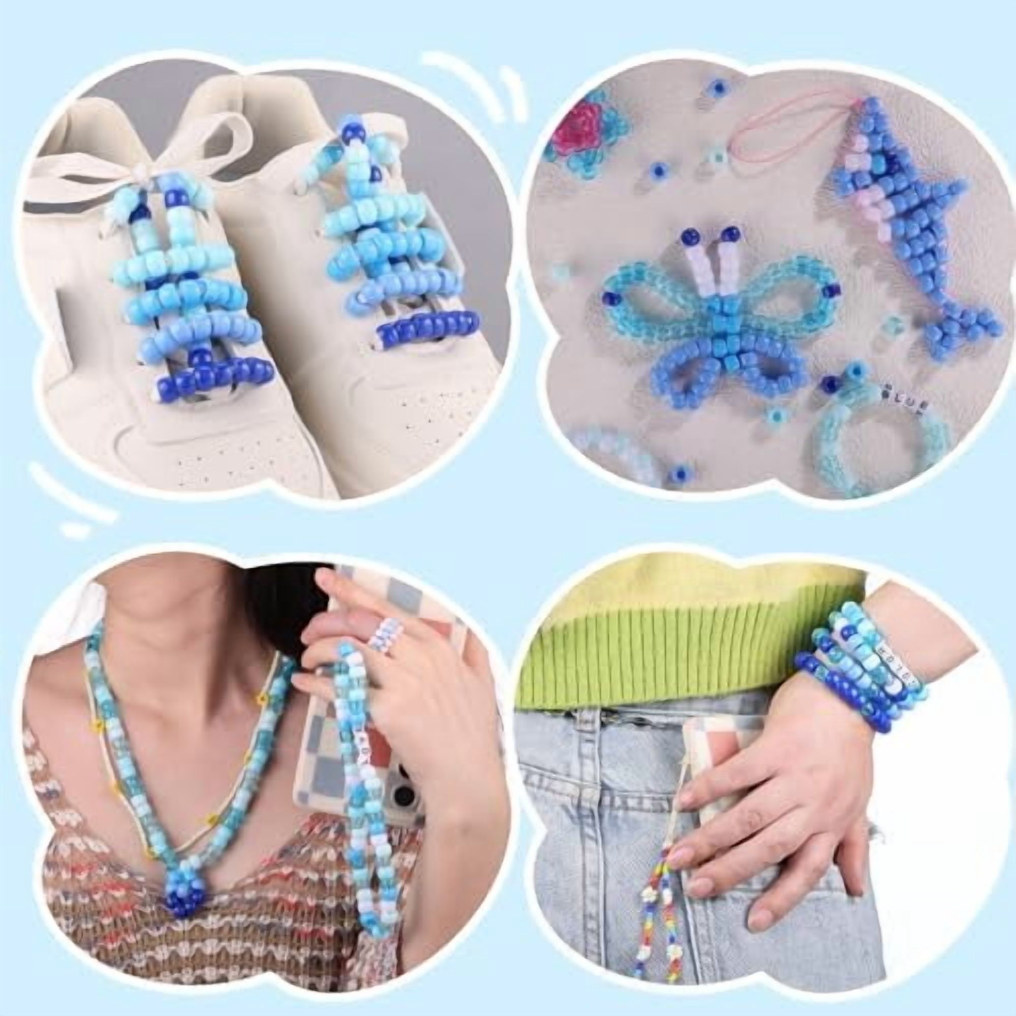 Blue and White Pony Beads, 1200Pcs 6x9mm Pony Bead Bulk and 100Pcs Square Letters, Large Hole Hair Bead for Braids for Girls Kids, Plastic Kandi Beads for Bracelets Jewelry Making DIY Crafts(8 Co