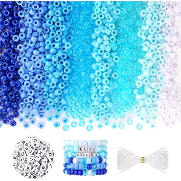Blue and White Pony Beads, 1200Pcs 6x9mm Pony Bead Bulk and 100Pcs Square Letters, Large Hole Hair Bead for Braids for Girls Kids, Plastic Kandi Beads for Bracelets Jewelry Making DIY Crafts(8 Co