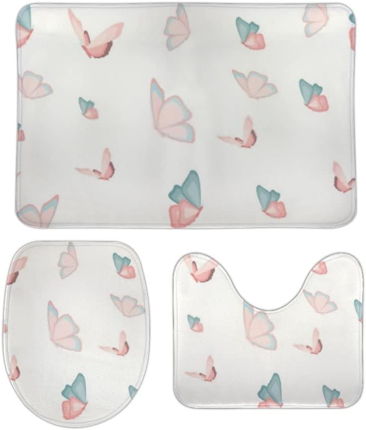 Blue and White Porcelain Bath Mat 3 Piece Bathroom Rug Set Non Slip