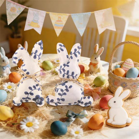 Blue White Porcelain Easter Rabbits, Fabric Bunny Figurines, Chinese Style Easter Decor for Home and Party Supplies