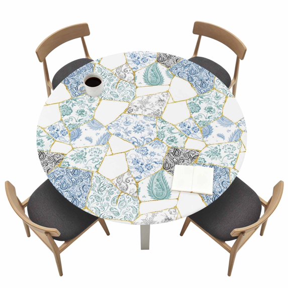 Blue White Porcelain Fitted Tablecloth with Elastic Edged, Round Table Cloth for Dining Table, Traditional Oriental Chinese Art Waterproof Oil Proof Table Cover for Indoor Outdoor 55"-60"