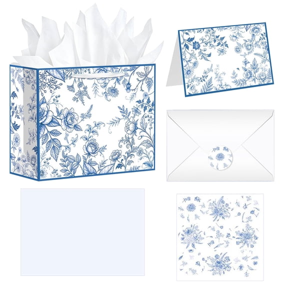Blue White Porcelain Floral 5-Piece Gift Stationery Set Retro Oriental Styling For Adult Wedding Tea Party Favor Decor