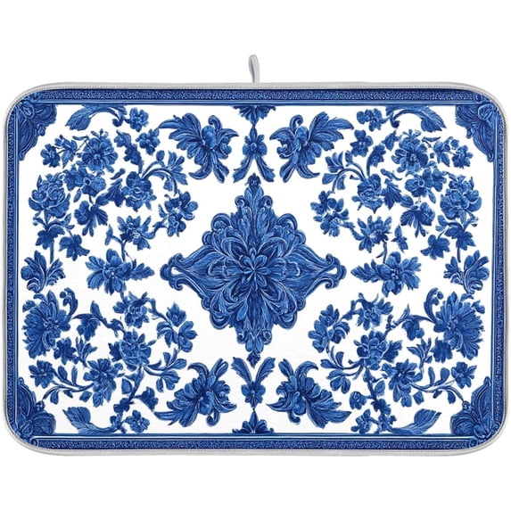 Blue White Porcelain Floral Dish Drying Mat for Kitchen Countertop 18x24 Rectangle Large Drying Mat Reusable Quick Dry Dish Sink Absorbent Mats Dishwasher Easy Clean Decorative Home Decor Essentials