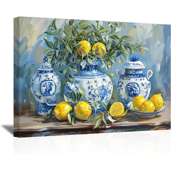 Blue and White Porcelain Ginger Jar Lemon Still Life Canvas Wall Art Vintage Yellow Background Oil Painting Framed Print Ready to Hang Kitchen Farmhouse Decor